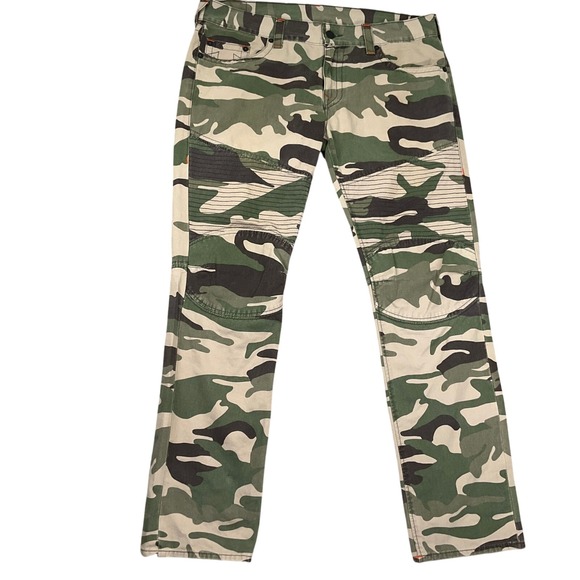 True Religion Moto Jeans Men 38 Green Camouflage Biker Reinforced Racing Pants - Picture 1 of 12